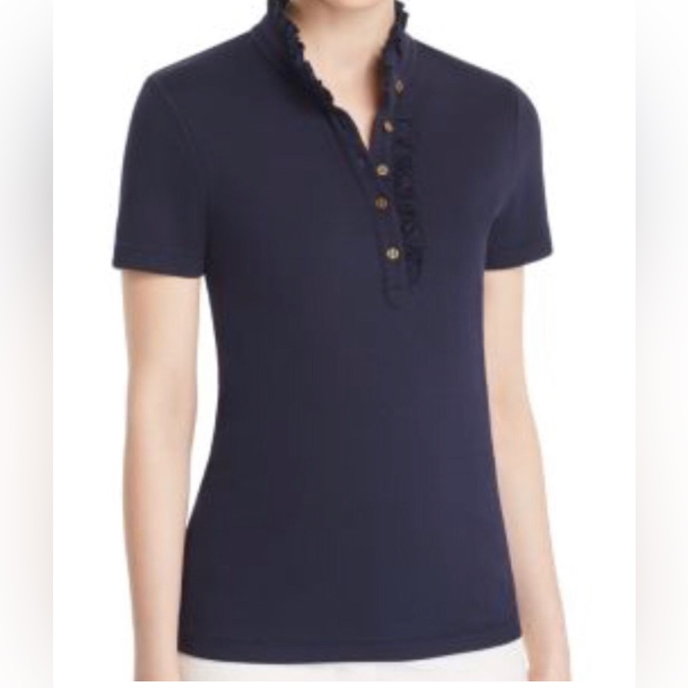 Tory Burch navy blue ruffle polo